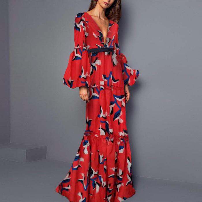 Sexy Deep V Neck Floral Print Lantern Long Sleeve A Line Boho Sexy Vintage Maxi Dress