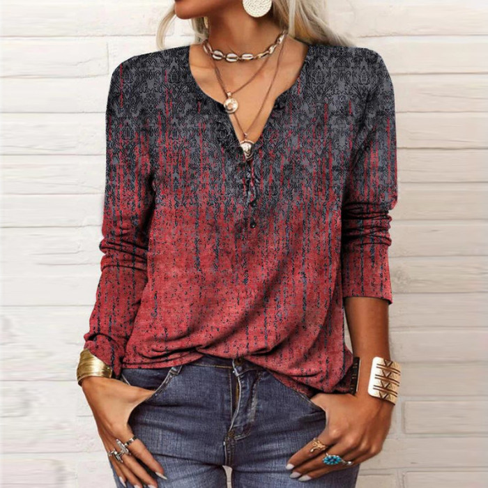 Fashion Print Long Sleeve Vintage Pullover Casual Button Loose  Blouses & Shirts Top