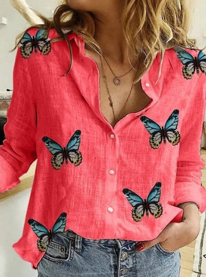 Cotton Linen Vintage Butterfly Print Casual Button Shirts