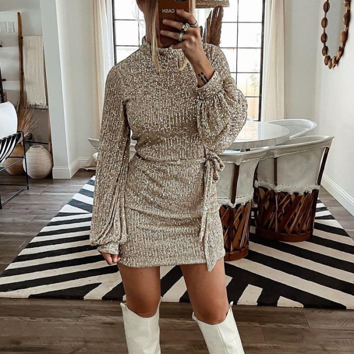 Elegant Solid Sequin Party Casual Long Sleeve A-Line Mini Dress