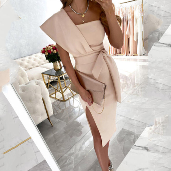 Elegant One Shoulder Sexy Slim Slit Fashion Tie Sleeveless Party  Midi Dress