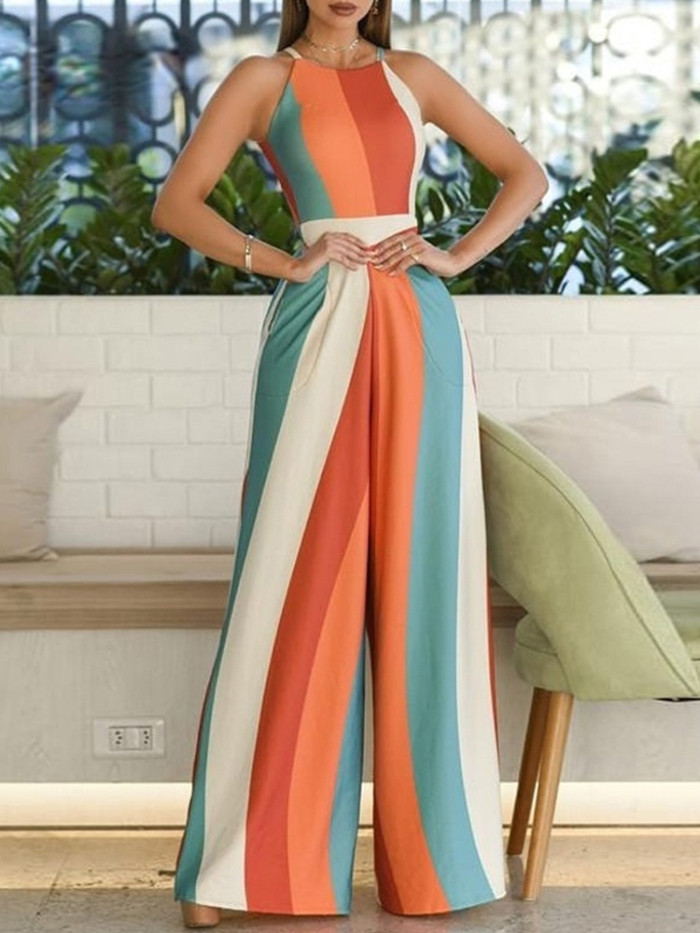 Color Block Stripe Print Sleeveless Relaxed Wide-Leg Jumpsuit