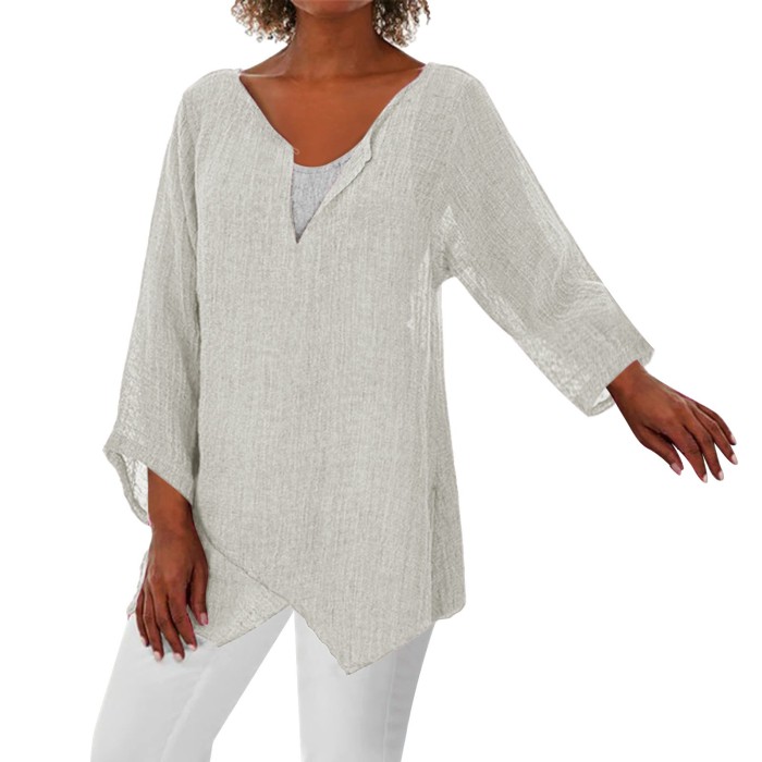 Oversized Cotton Linen V Neck Long Sleeve Tunic Relaxed Top Blouses