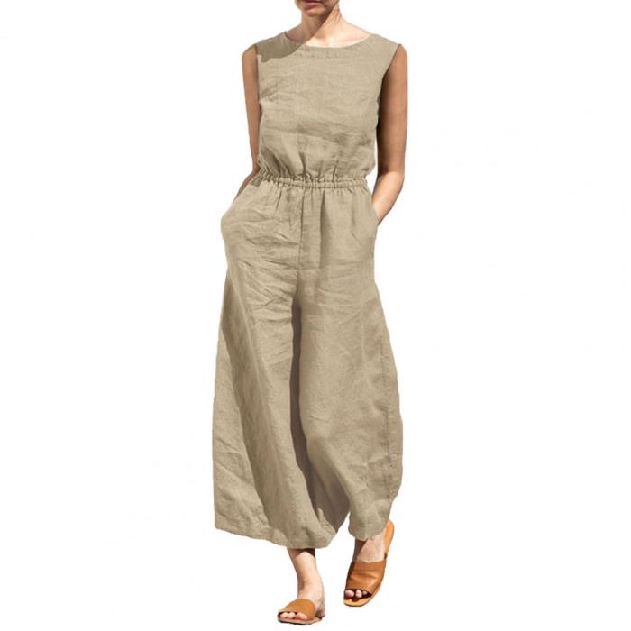 Women's Fashion O-Neck Loose Casual Sleeveless Wide-Leg Jumpsuit