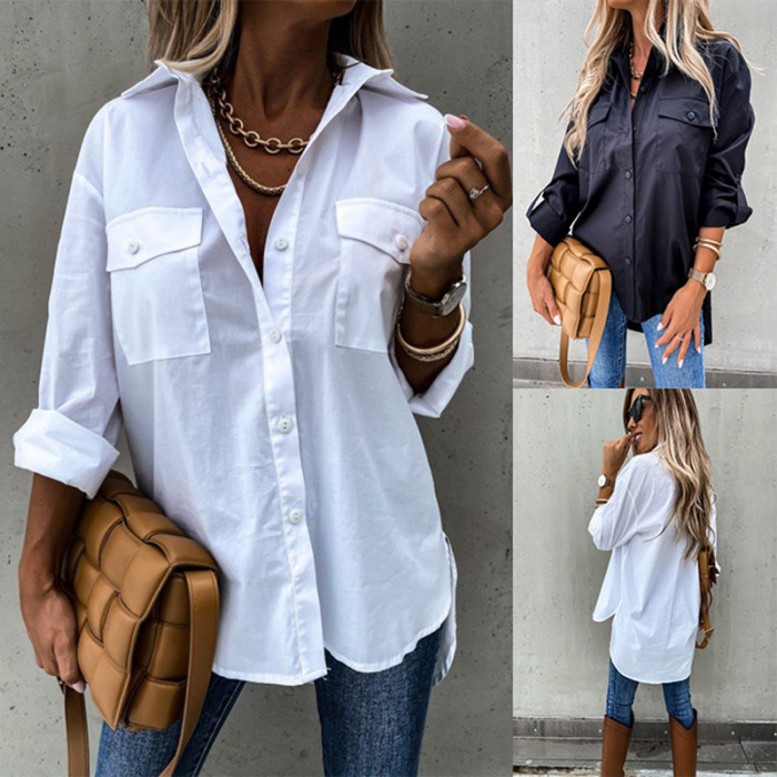 Fashion Casual Long Sleeve Pocket Lapel Elegant Retro Loose Irregular Blouses