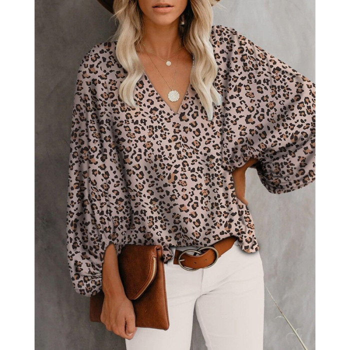 Fashion Floral Print V Neck Balloon Sleeves Casual Top Tunic Loose  Blouses