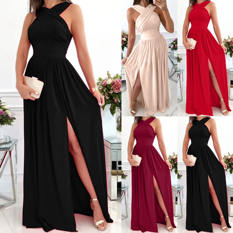 Sexy High Slit Halter Elegant Lace Strap Off Shoulder A Line Solid Color Prom Dress