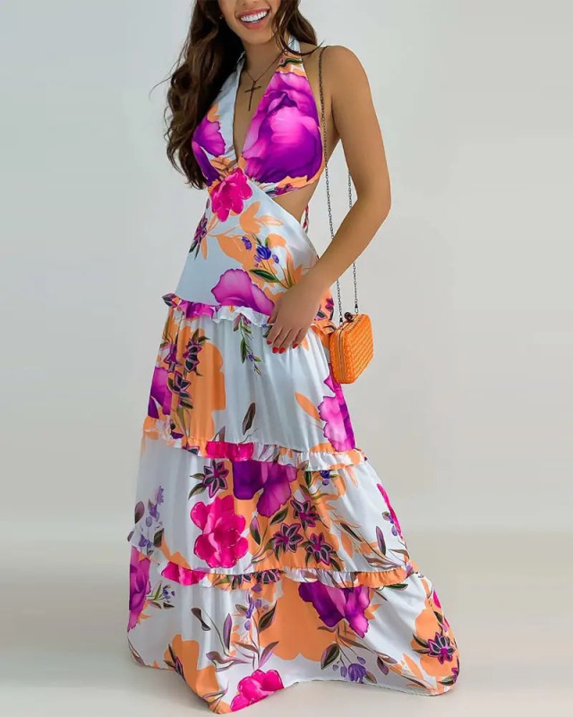 Sexy Fashion Print V-neck Boho Party  Maxi Dress