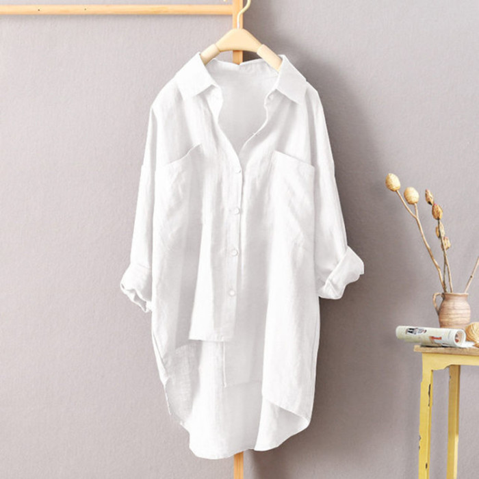 Fashion Long Sleeve Loose Top Casual Solid Color Cotton Irregular Blouses