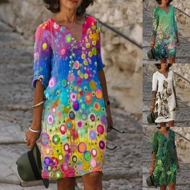 Fashion Printed Half Sleeve V Neck Loose Beach Dress