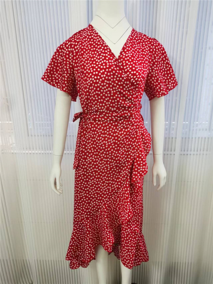 Trendy Polka Dot Print Boho Elegant V Neck Ruffled Ruffles Midi Dress