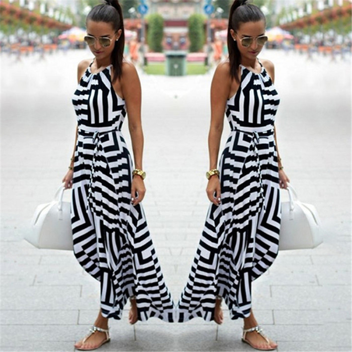Fashion Sexy Boho Striped Sleeveless Maxi Dress