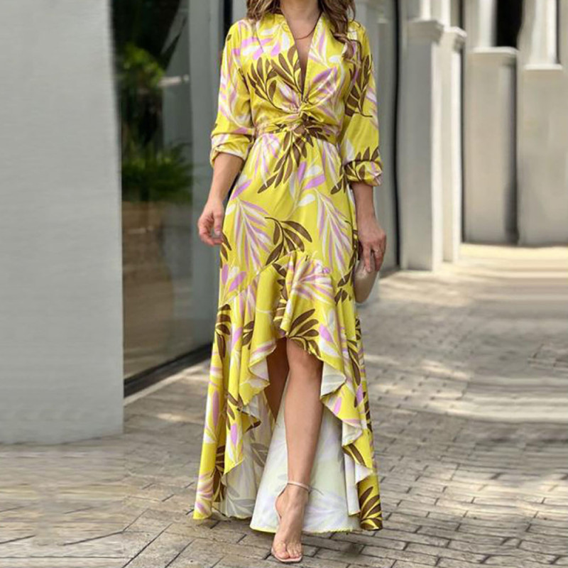 Elegant Long Sleeve Print Fashion Casual Print Asymmetric Tie Maxi Dress