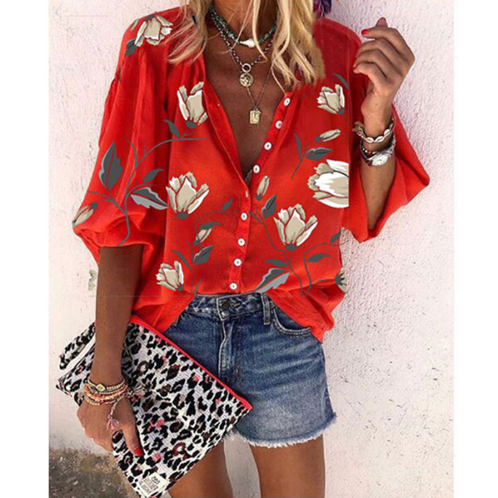 Fashion Print Bohemian Lapel Long Sleeve Loose Casual  Blouses