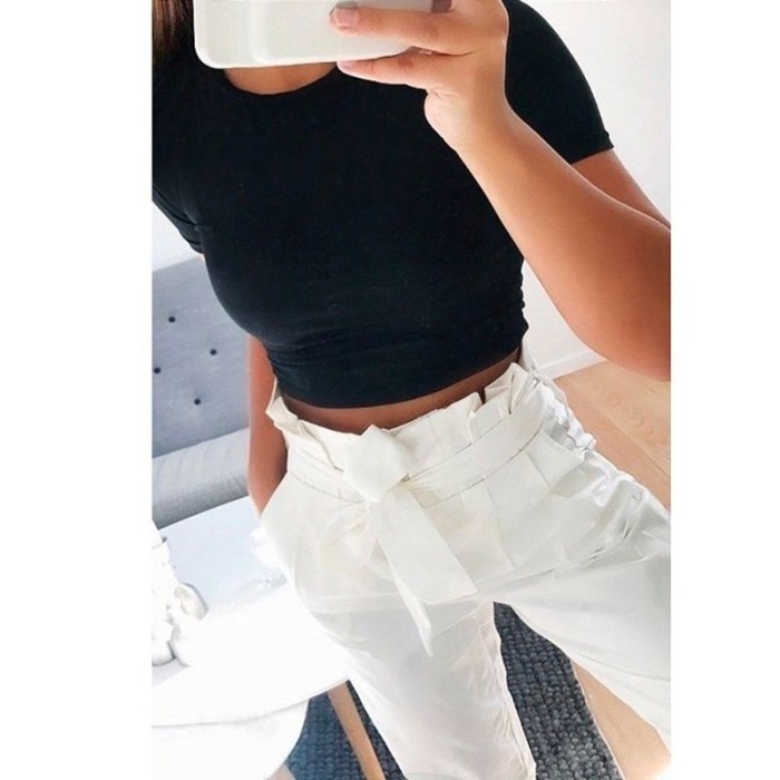 Fashion Cropped Top Solid Color O Neck Casual T-Shirt