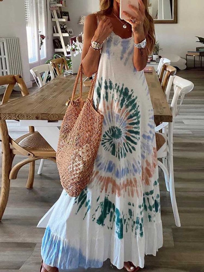 Sexy V Neck Backless Gradient Print Loose Maxi Dress