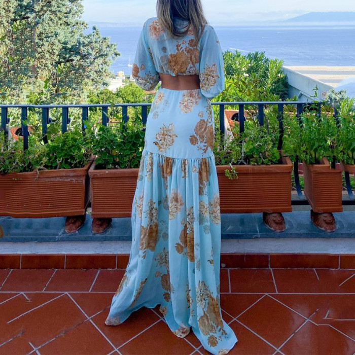 Sexy Elegant V Neck Puff Sleeve Waist Floral Print Party Maxi Dress