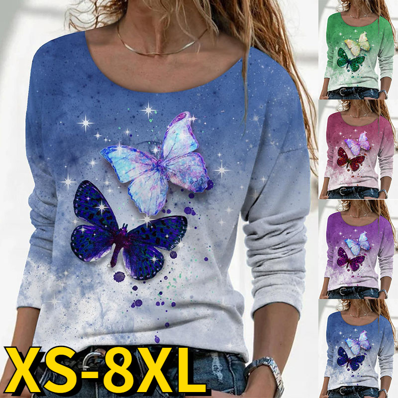 Fashion Butterfly Printing Long Sleeve  Round Neck Loose Casual T-shirt
