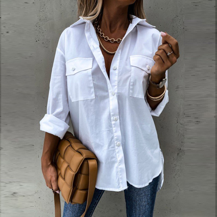 Fashion Casual Long Sleeve Pocket Lapel Elegant Retro Loose Irregular Blouses