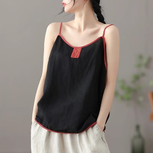 Women Cotton V Neck Basic Embroidered Sleeveless Tank Loose Casual Camis