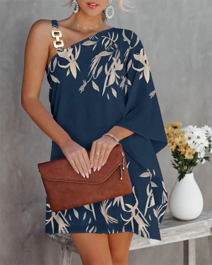Fashion Doll Sleeve Off Shoulder Print Loose Irregular Pullover  Mini Dress