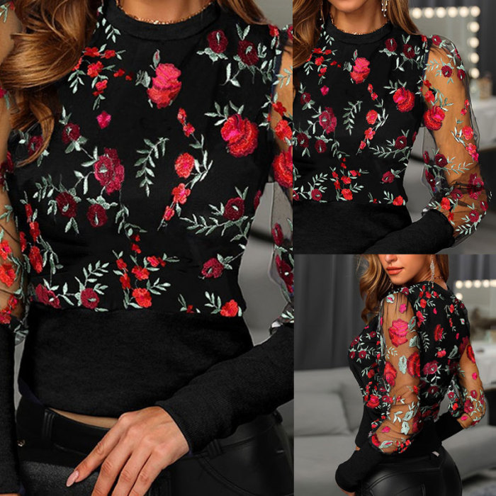 Fashion Patchwork Mesh Embroidery Long Sleeve Slim Fit Crewneck Blouses Top