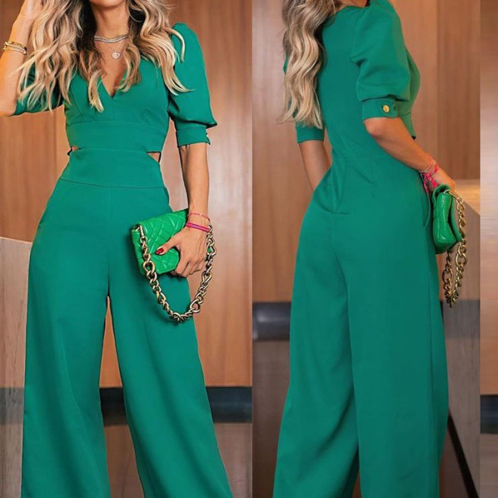 Fashion Bubble Short Sleeve V Neck Hollow Out Loose Casual Fashion Wide Leg Jumpsuit