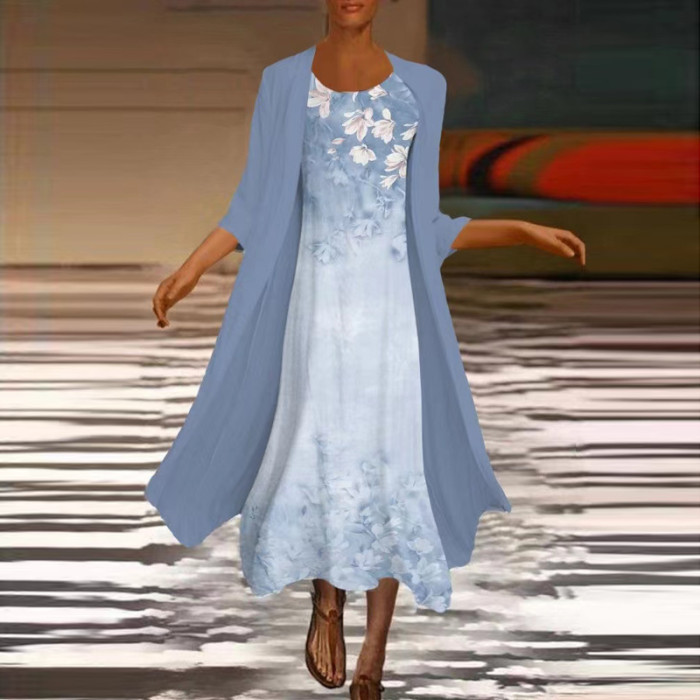 Two-Piece Elegant Printed O-Neck Sleeveless Fashionable Midi Dress