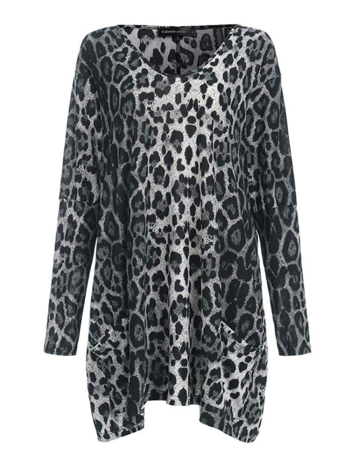 Fashion Vintage Long Sleeve Top Sexy V Neck Pocket Casual Leopard Print Shirt
