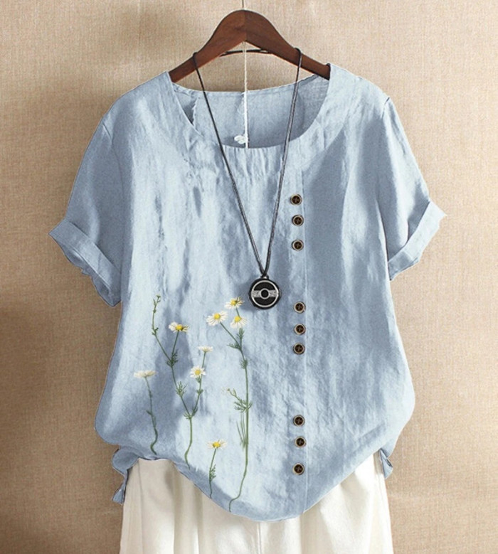 Elegant Print Cotton Linen Shirt Casual O-Neck Short Sleeve Top