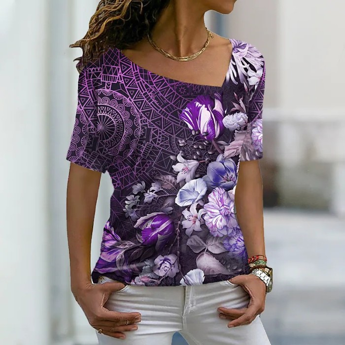 Women's Fashion Floral Print V Neck Casual Harajuku T-Shirt