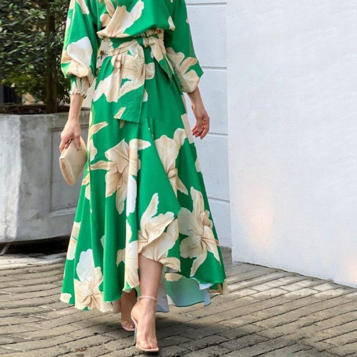 Fashionable Casual Floral Print Lantern Long Sleeve Tie Slant Shoulder Maxi Dress