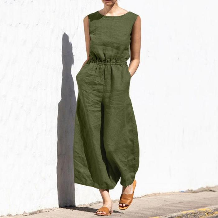 Women's Fashion O-Neck Loose Casual Sleeveless Wide-Leg Jumpsuit