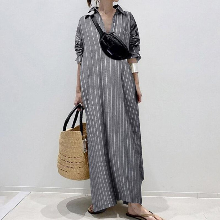 Fashion Casual Striped Loose Long-Sleeved Lapel A-line  Maxi Dress