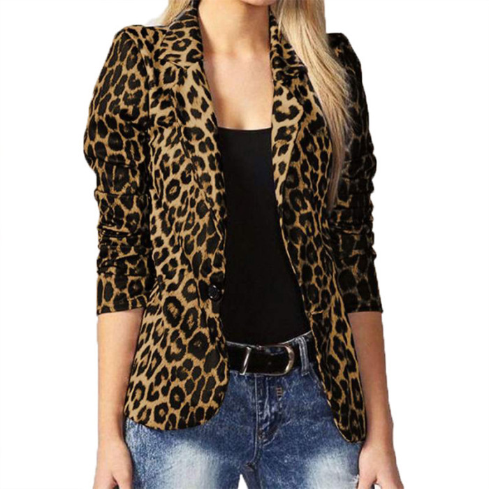 Women Leopard Long Sleeves Single Button Casual Blazer