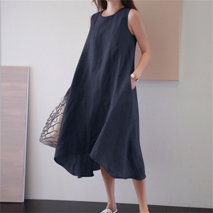 Fashion Sleeveless O-Neck Solid Color Large Swing Pocket Midi Dress