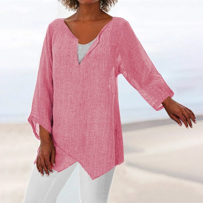 Oversized Cotton Linen V Neck Long Sleeve Tunic Relaxed Top Blouses