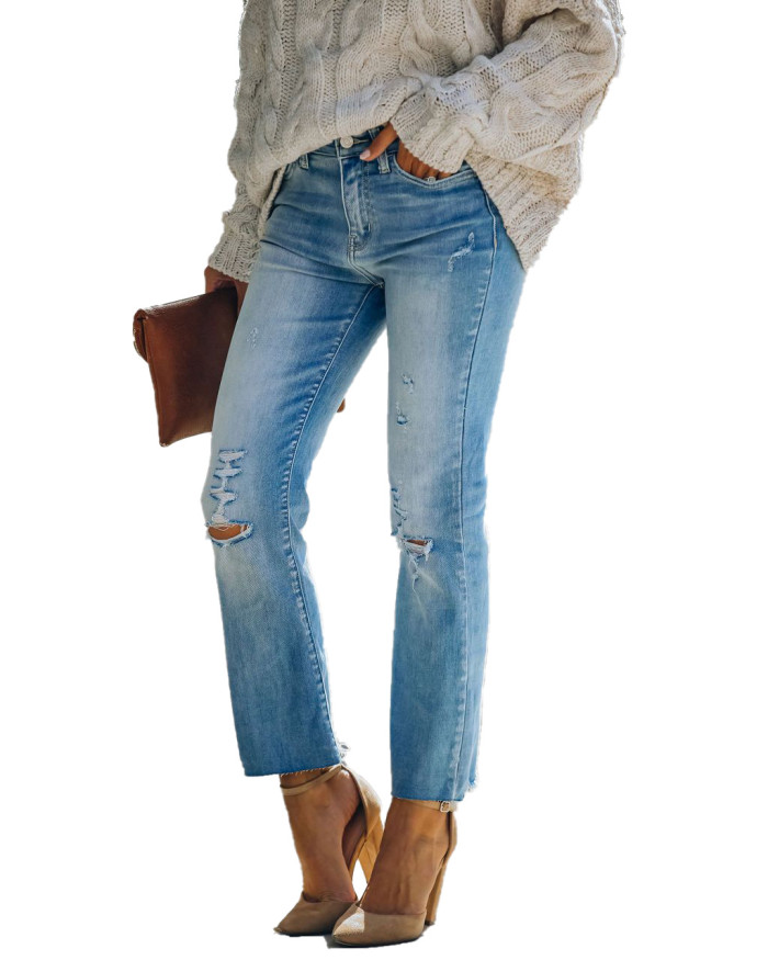 Trendy Ripped Stretch Straight-Leg Jeans