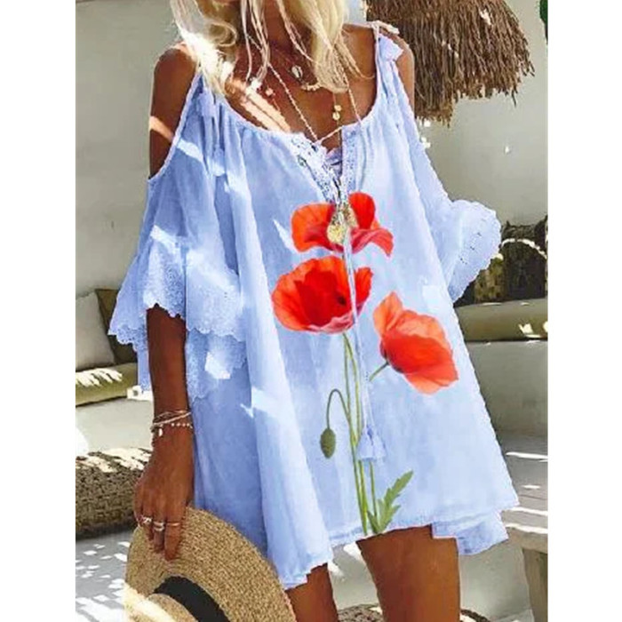 Women Loose Off Shoulder Boho Lace Vintage Ruffles Beach Dresses