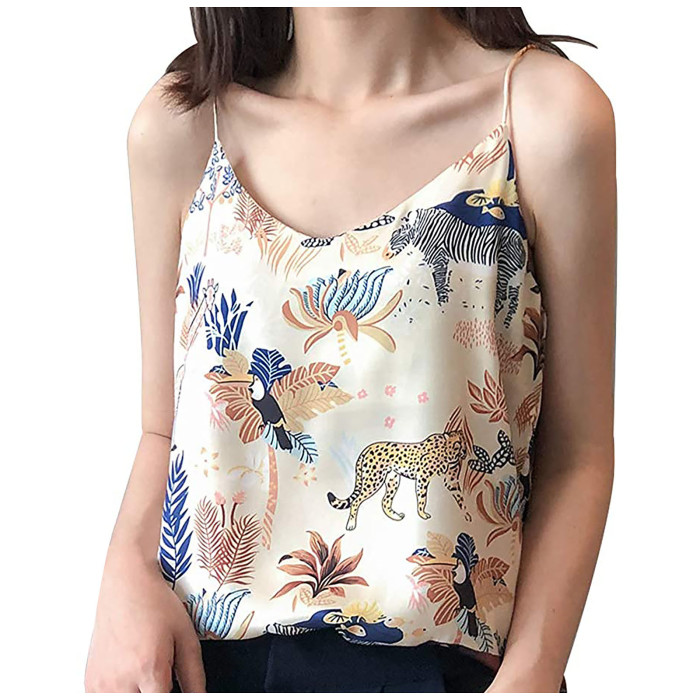 Women's Casual V-Neck Sling Cotton Printed Sleeveless Loose Vest