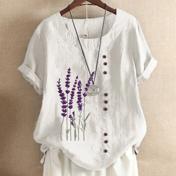 Elegant Print Cotton Linen Shirt Casual O-Neck Short Sleeve Top