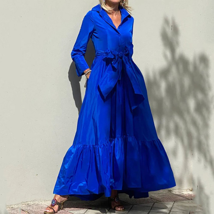 Fashion Solid Color V Neck Full Sleeve Tie Pocket Maxi Dress