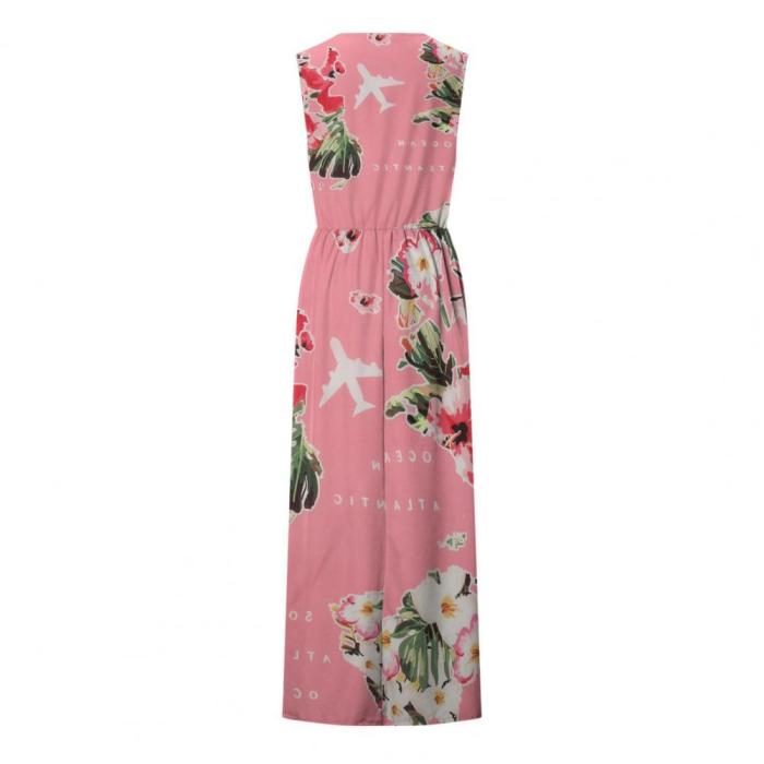 Boho Vintage Floral Stripe Print Elegant Sleeveless O Neck Loose  Maxi Dress
