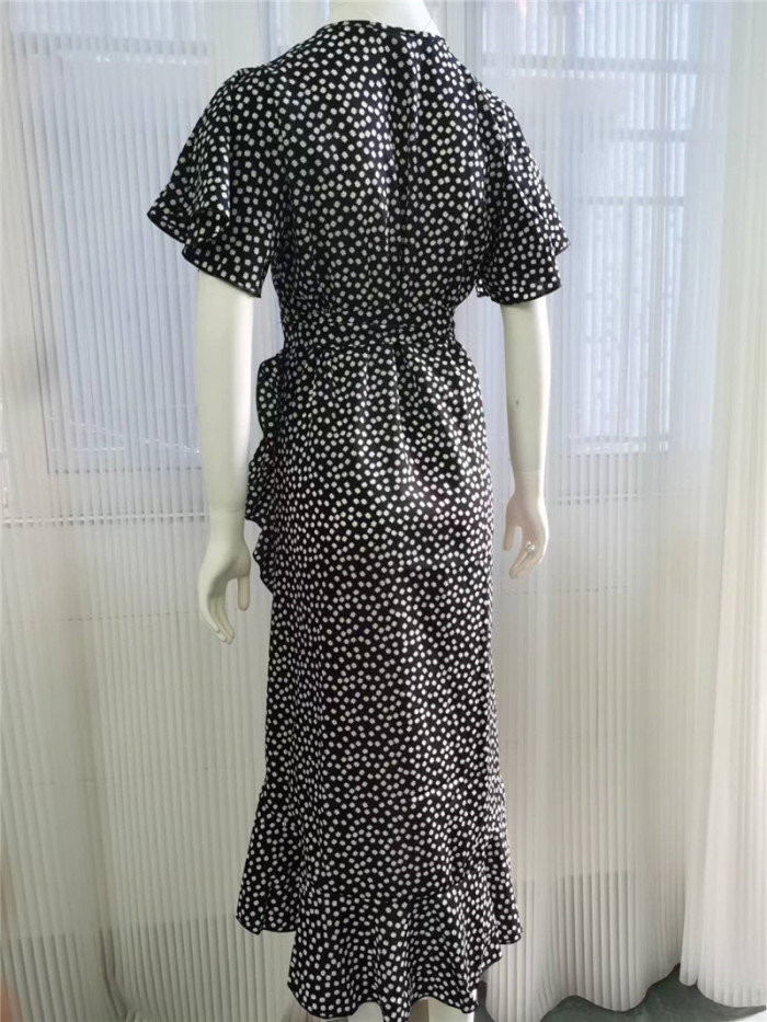 Trendy Polka Dot Print Boho Elegant V Neck Ruffled Ruffles Midi Dress