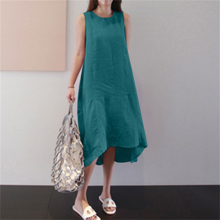 Fashion Sleeveless O-Neck Solid Color Large Swing Pocket Midi Dress