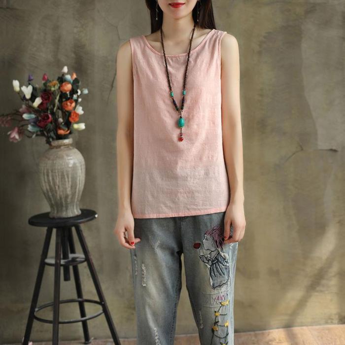 Fashion Art Sleeveless Solid Color Casual Retro Cotton Linen  Camisole Top