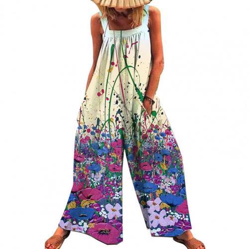 Beach Floral Print Suspender Wide Leg Pockets Romper