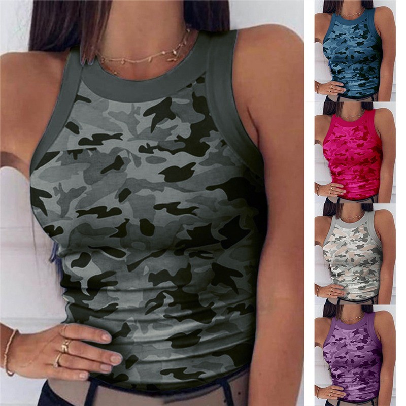Fashion Print Camouflage Tank Sleeveless O-Neck Slim Fit Blouses & Shirts