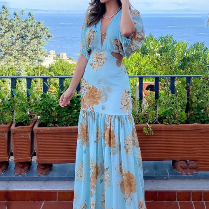 Sexy Elegant V Neck Puff Sleeve Waist Floral Print Party Maxi Dress