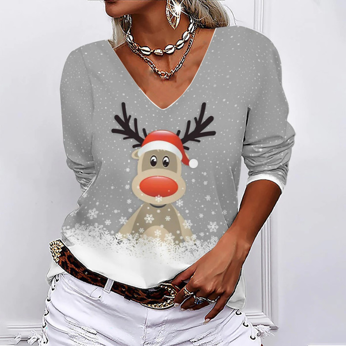 V-neck Christmas Print Long-Sleeved Fashion Casual  T-Shirts